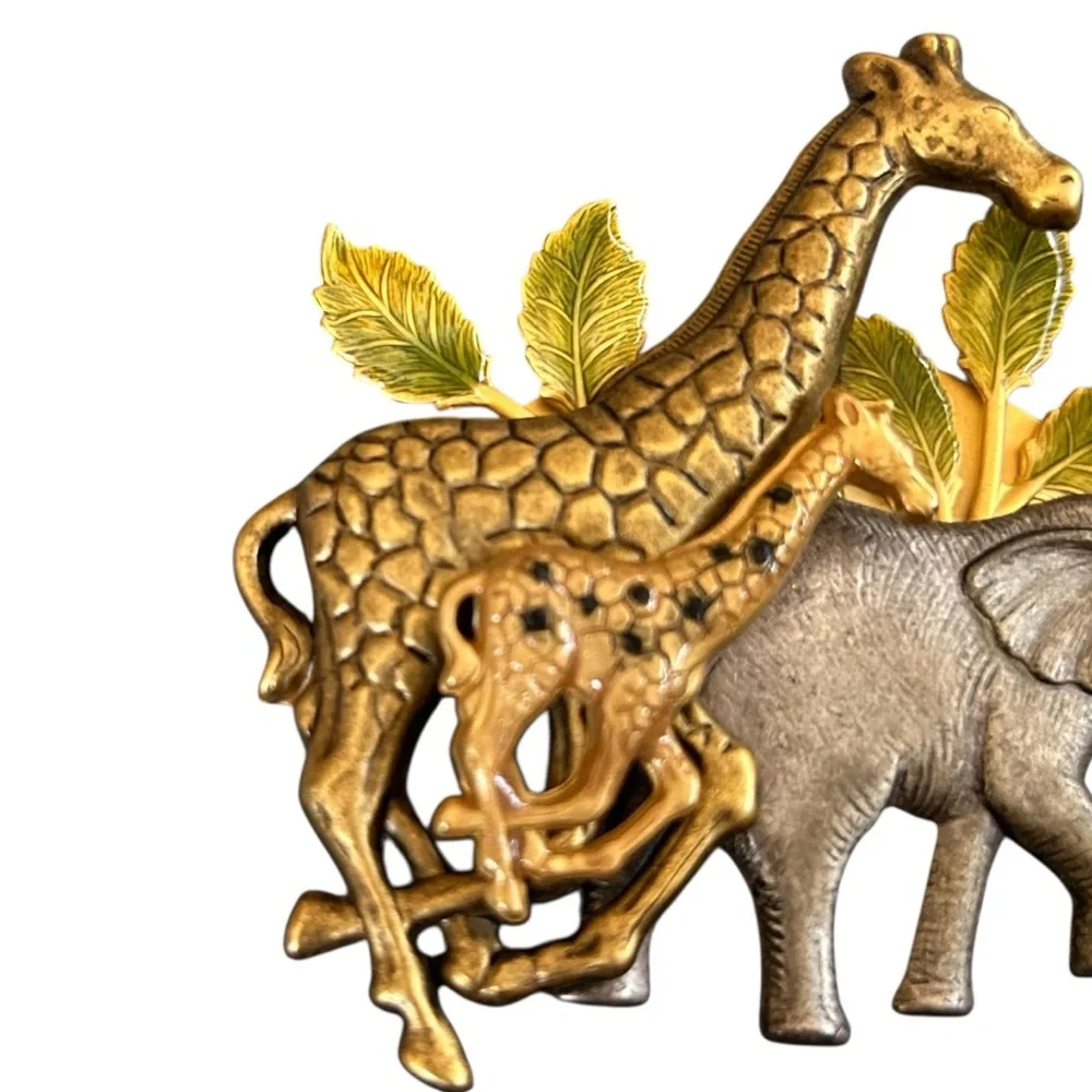 Vintage Mixed Metal Giraffes & Elephant Safari Brooch 3D Pin Statement Piece